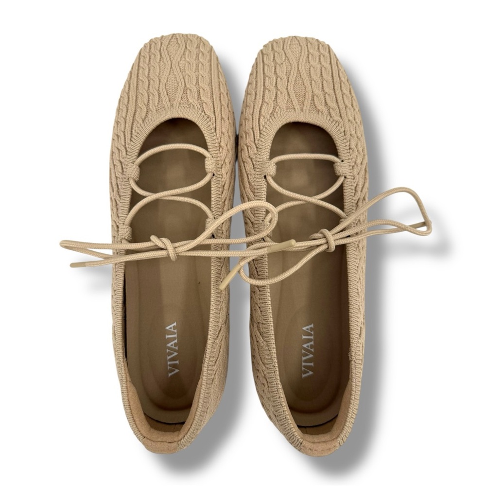Vivaia Miley Square-Toe Lace-Up Mary Janes in Almond Cable Knit Size 36.5 US 6